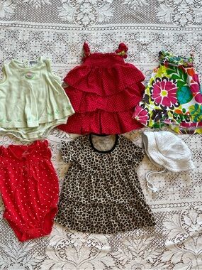 Lot of 5 infant baby girl 6mo summer dress bundle + romper with gift bucket hat